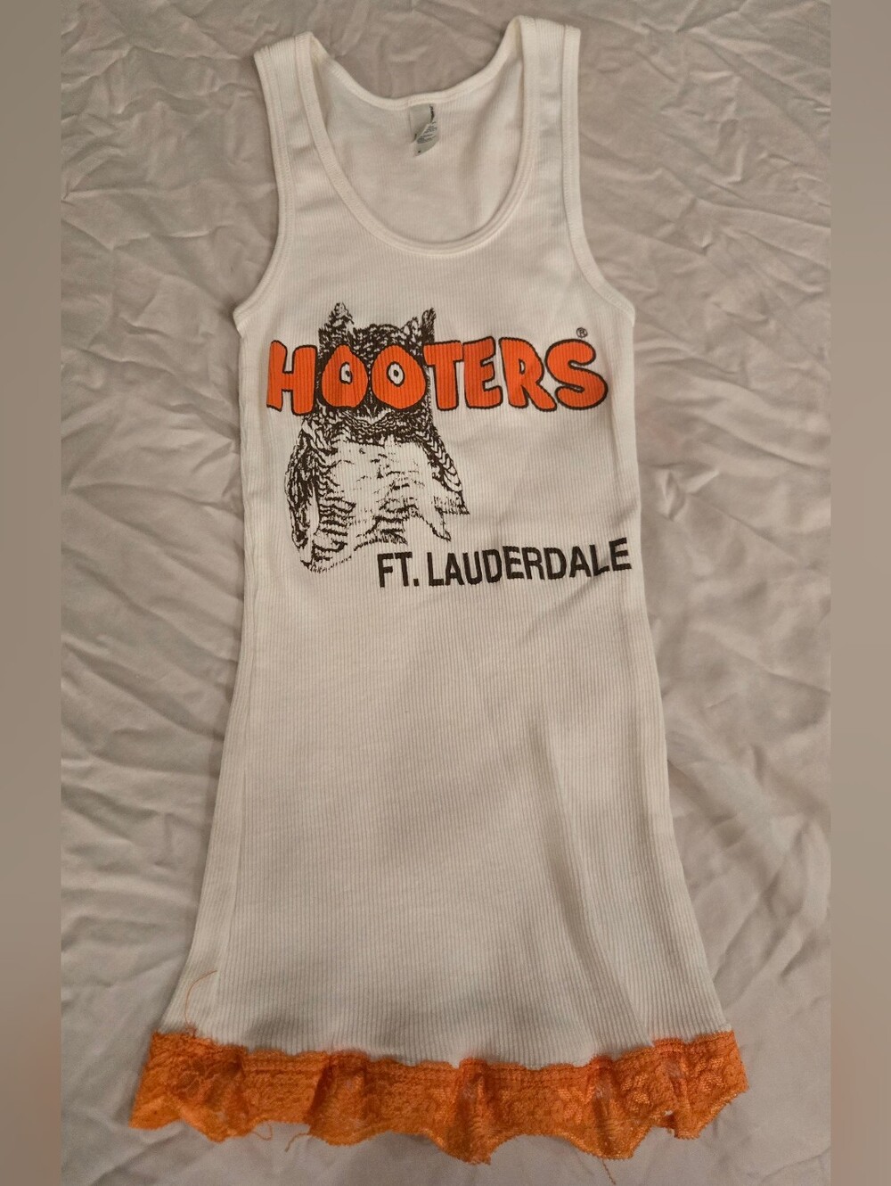 Hooters Ft. Lauderdale White Tank Top with Orange Lace Trim - Women's Small